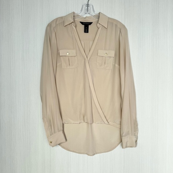 White House Black Market Tops - WHBM Silk Utility Blouse Size 4 Tan Long Sleeve Surplice V Neck High Low Casual